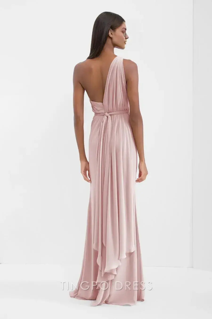 TingPo Wholesale Simple Blush Pink One-Shoulder Ruched Dress - Asymmetric Slit Formal Evening Gown